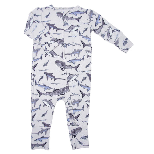 Grey Sharks Bamboo Zipper Romper.  Safe for sensitive skin. Tagless label for total comfort.  Machine washable and dryable!  95% Viscose from Bamboo 5% Spandex.