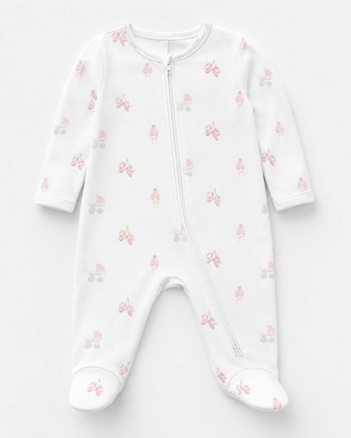Baby Pink Carriage Cotton Zipper Footie