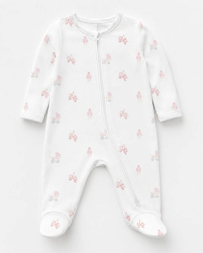 Baby Pink Carriage Cotton Zipper Footie