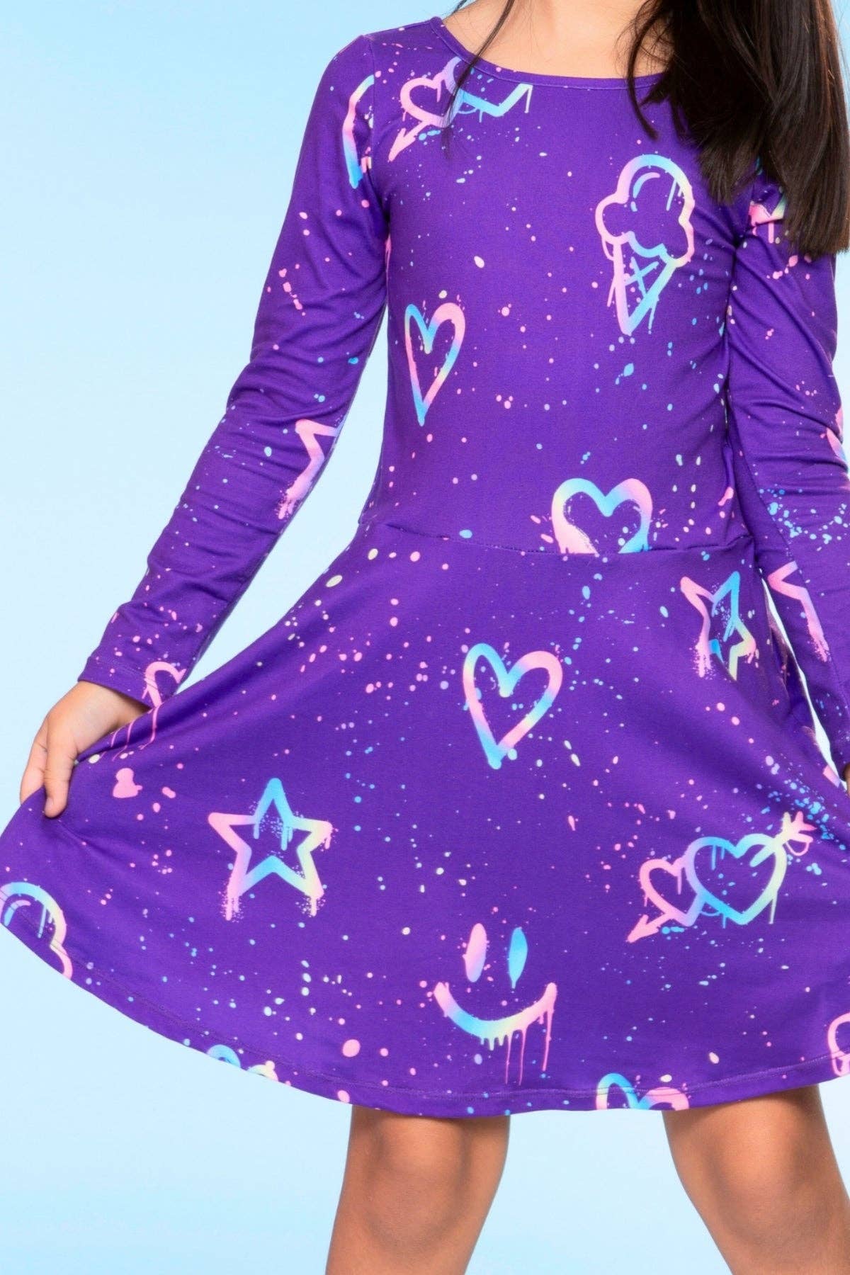 Purple Graffiti Rainbow Simply Soft Long Sleeve Skater Dress