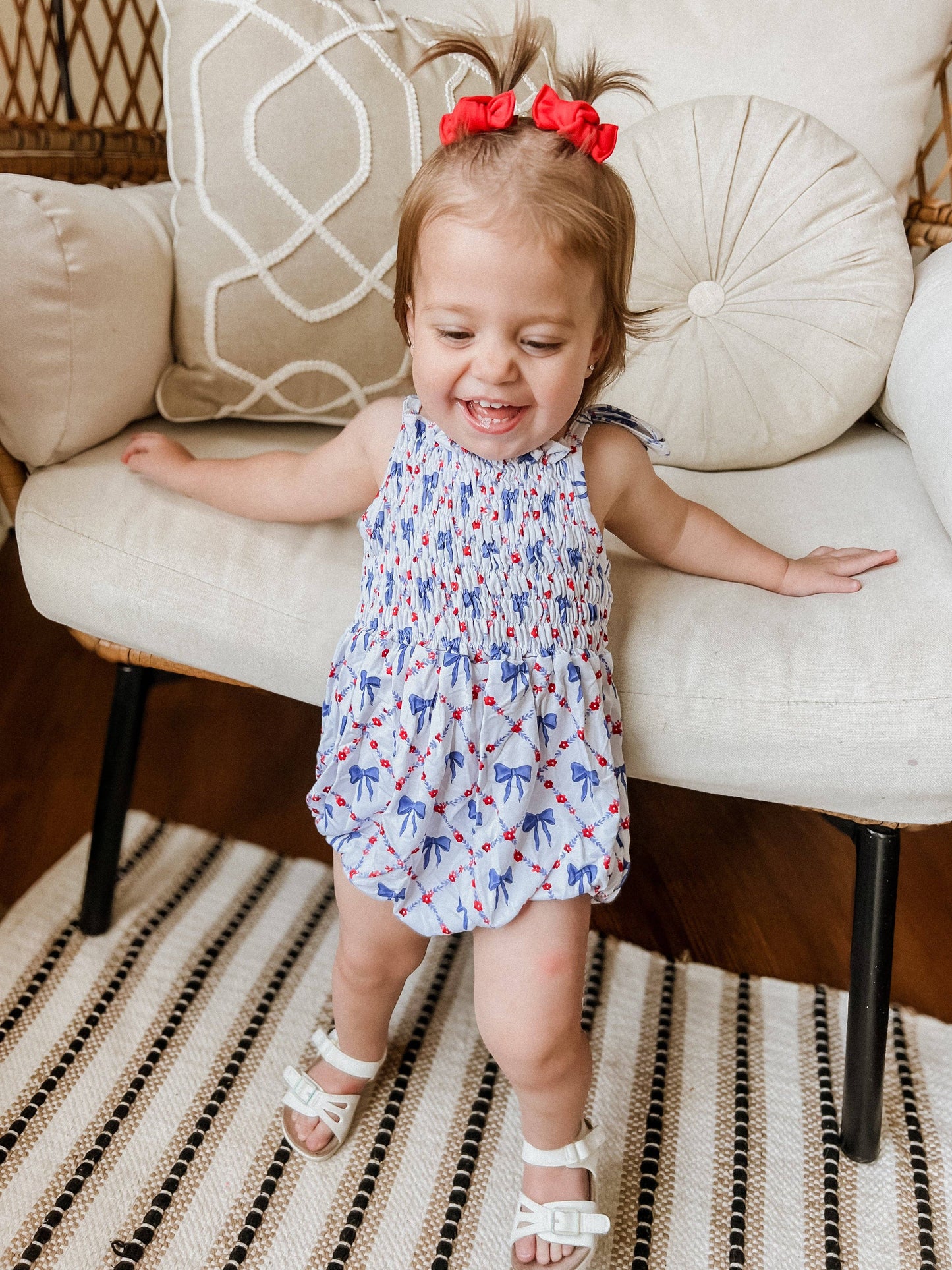 Red, White and Bows Smocked Bamboo Bubble Romper
