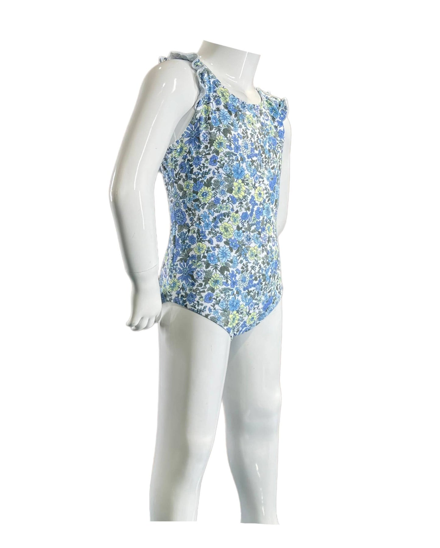 Blue Floral Ruffle Trim One Piece