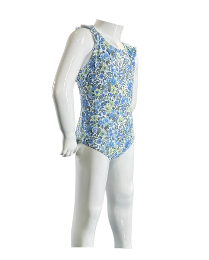 Blue Floral Ruffle Trim One Piece