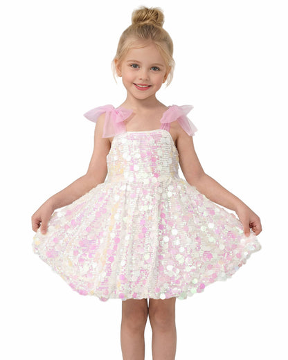Bow Strap Iridescent Sequin Tulle Dress