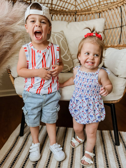 Red, White and Bows Smocked Bamboo Bubble Romper