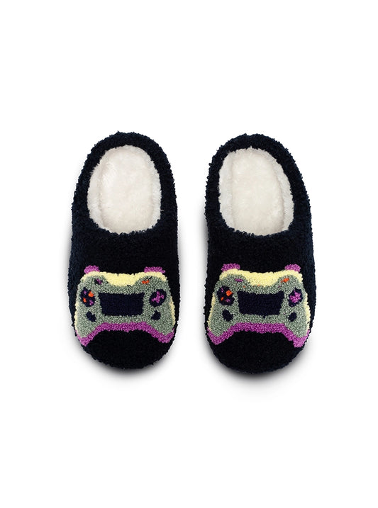 Our cozy Gamer Slippers are super soft and keep your feet warm! Made with nonslip rubber bottoms for worn indoor or outdoor use.  Little Kid fits kid's shoe size 9-12. Big Kid fits kid's shoe size 1-3. 