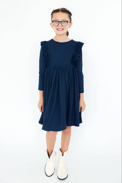 Navy L/S Ruffle Twirl Dress