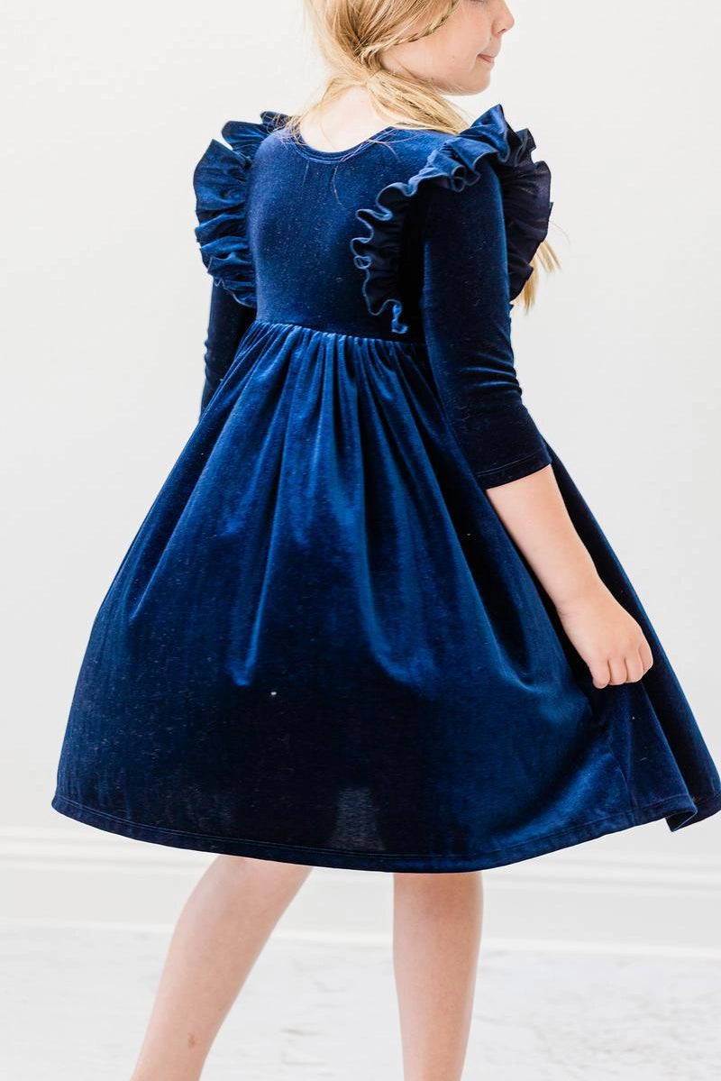 Navy Ruffle Velvet Twirl Dress