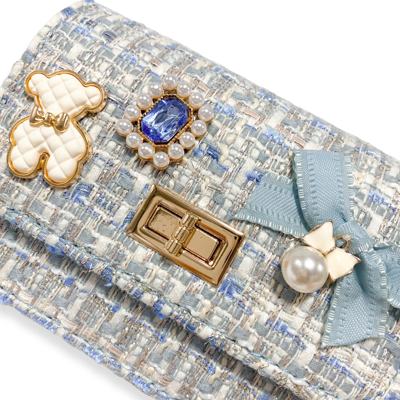 Blue Teddy Charms Tweed Purse with Gold Chain Strap