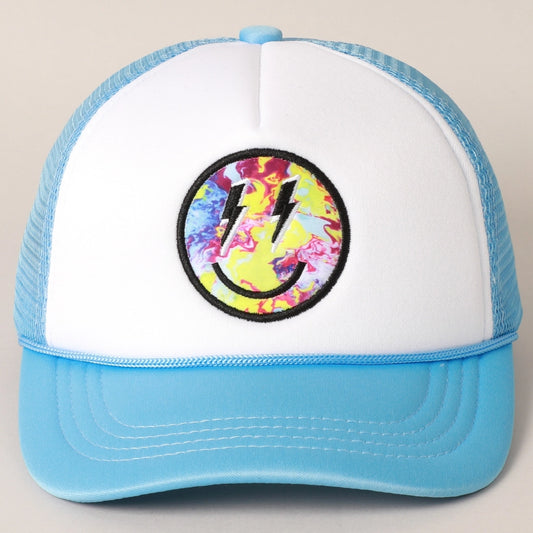Blue Tie Dye Lightening Bolt Smiley Hat