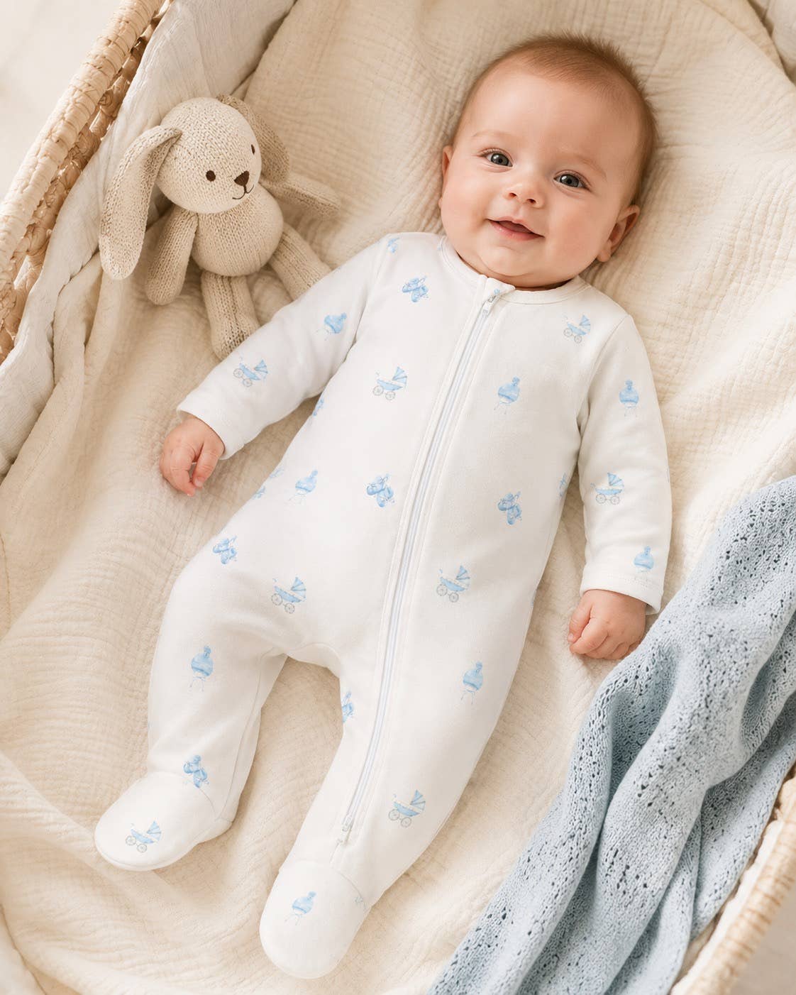 Baby Blue Carriage Cotton Zipper Footie