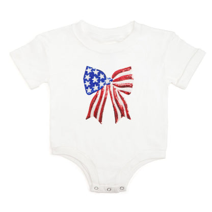 Patriotic Sequin Bow Patch Short Sleeve Romper