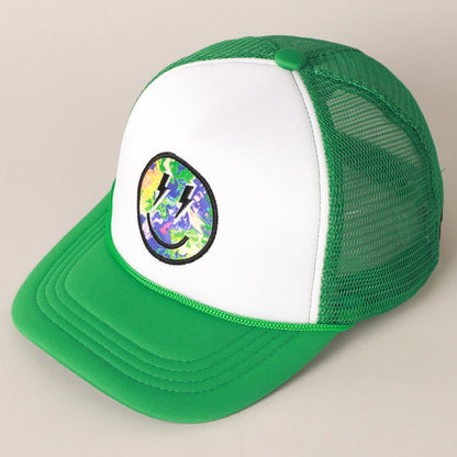 Green Tie Dye Lightening Bolt Smiley Hat