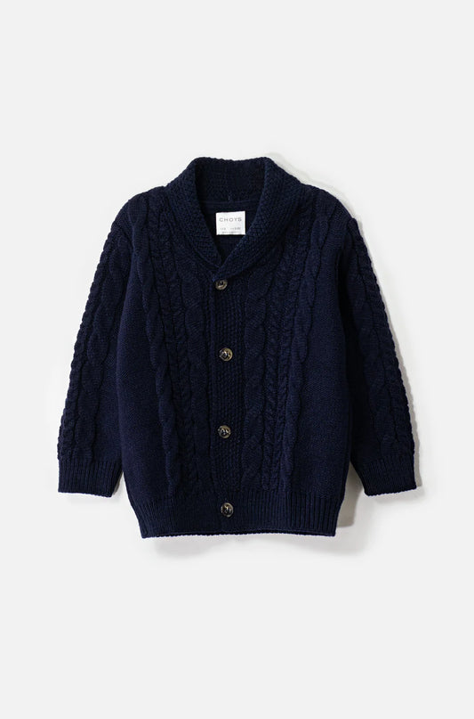 Snuggle up in style with this Navy Shawl Collar Cardigan. Featuring a classic cable knit design and button closure, this cozy cardigan is a must-have for keeping them looking polished all season long!