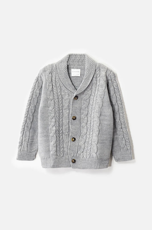 Snuggle up in style with this Grey Shawl Collar Cardigan. Featuring a classic cable knit design and button closure, this cozy cardigan is a must-have for keeping them looking polished all season long!