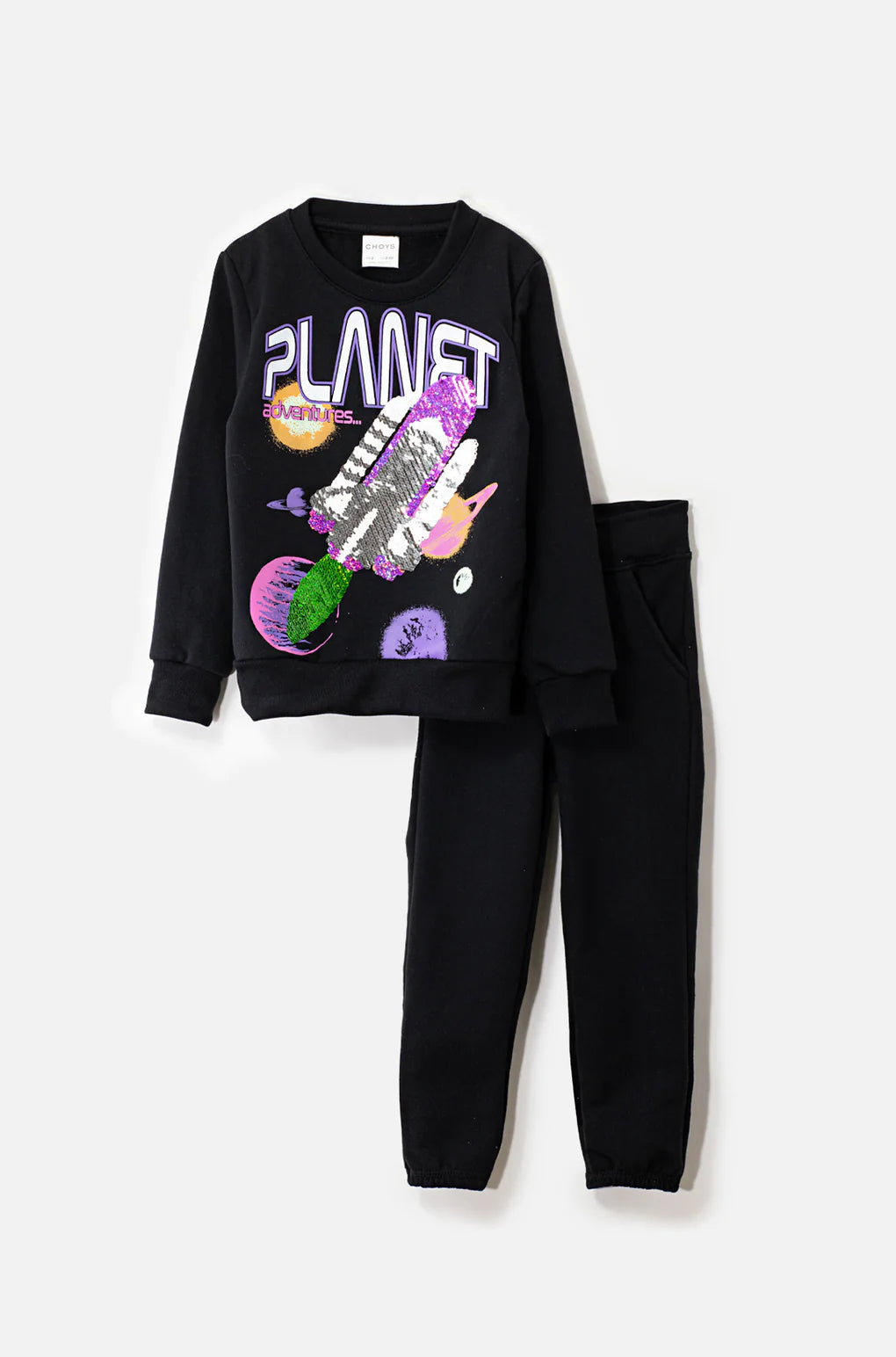 Space Rocket Sweat Set. Includes a pullover sweatshirt with jogger, featuring a reversible sequin rocket design. 