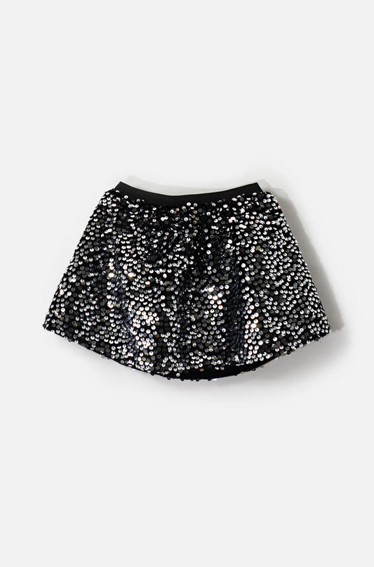 Shine on in this Silver Sequin Skirt. Features a pull up black skirt with silver sequins. A perfect staple for the holiday season - get ready to sparkle!