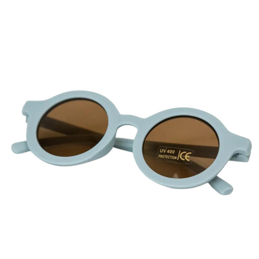 Soft Blue Retro Sunglasses. This stylish design make these sunglasses a fun accessory for any child. Lightweight and comfortable to wear.   100% UV protection.  Women Owned. 