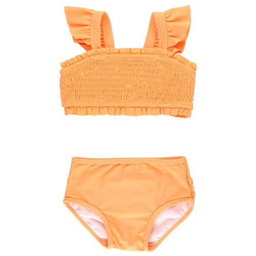 Our Melon Smocked Bikini is designed with a UPF 50+ sun protective fabric to keep her safe and comfortable for all day fun in the sun!  80% Nylon, 20% Spandex. UPF 50+ sun protective fabric. 