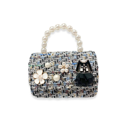 Floral Charms Tweed Purse with Pearl Top Handle
