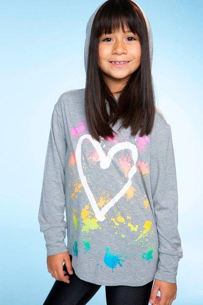 Heather Grey Rainbow Heart Modal Knit Hoodie Pullover with Thumbholes