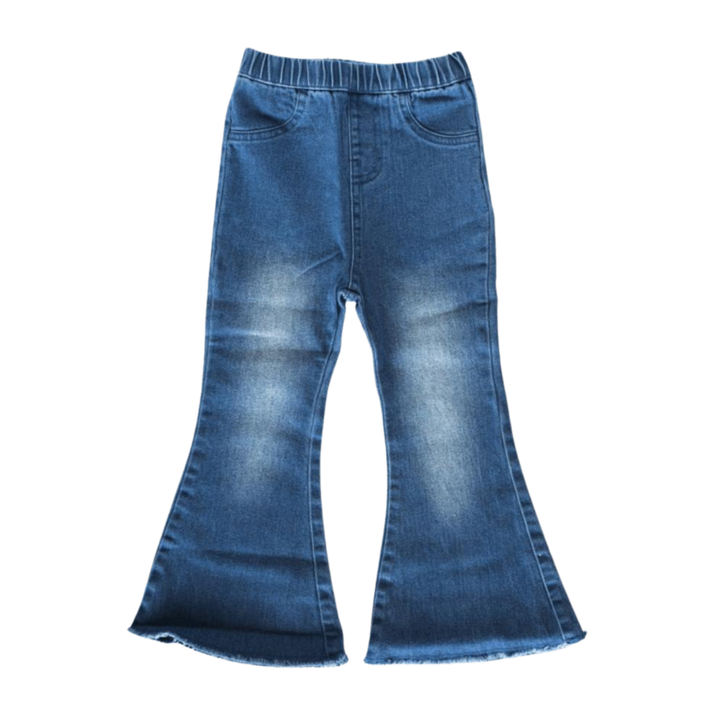 Dark Wash Denim Bell Bottoms. Retro is back, baby! Our classic bell bottoms are a customer favorite and are your new favorite staple! Pair with any top to bring your mini's style to the next level. Elastic waistband for easy pull-on wear. May vary slightly in color due to dyeing process.  75% Cotton, 23% Polyester, 2% Spandex.  Hand Wash.  Women Owned.