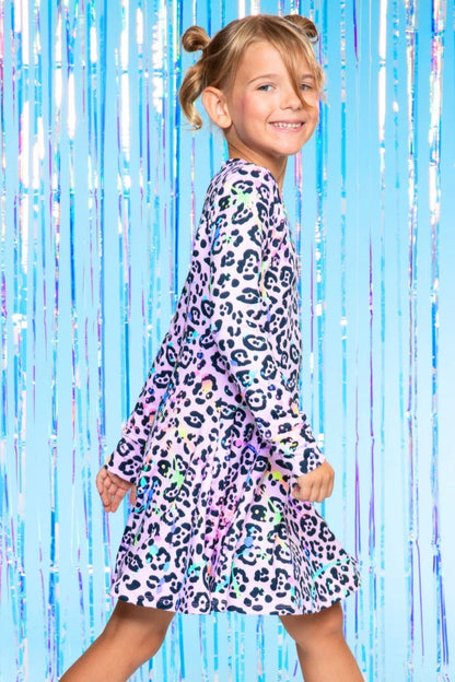 Simply Soft Long Sleeve Twirl Dress in Neon Pink Leopard Splatter