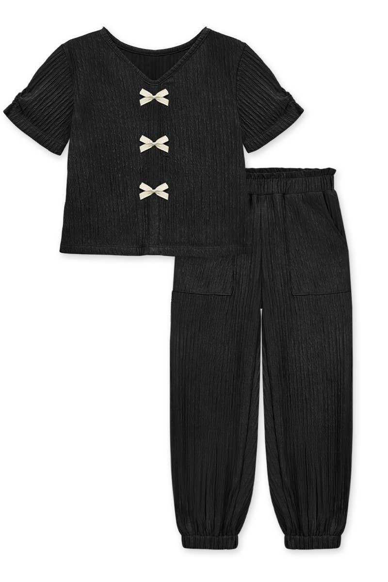 Black Crinkle Plisse Pant Set with Bows