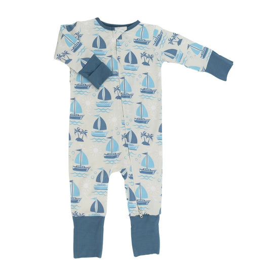Sailboats Bamboo Zipper Romper.  Safe for sensitive skin. Tagless label for total comfort.  Machine washable and dryable!  95% Viscose from Bamboo 5% Spandex.