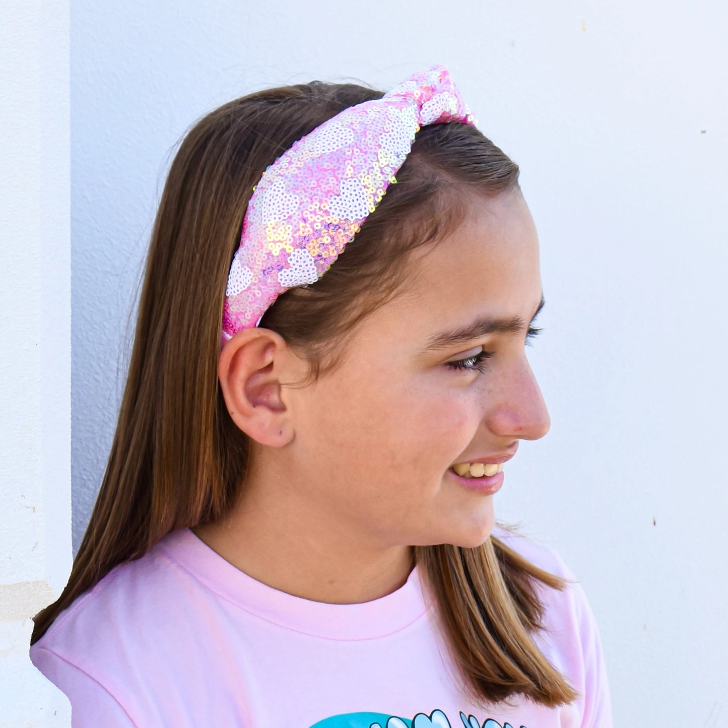 Pink Sequin Heart Knot Headband