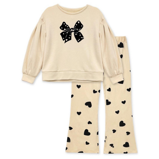 Beige Bow Hearts Sweatshirt Set