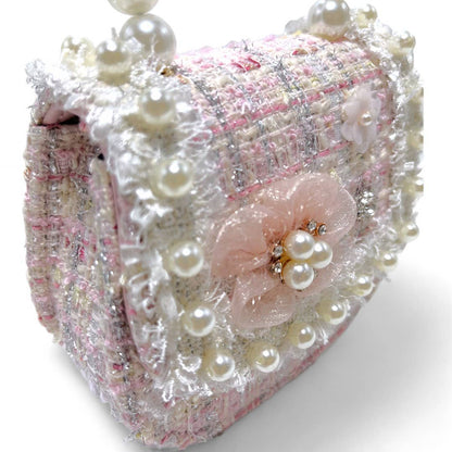 Pink Floral Decor Tweed + Pearl Purse