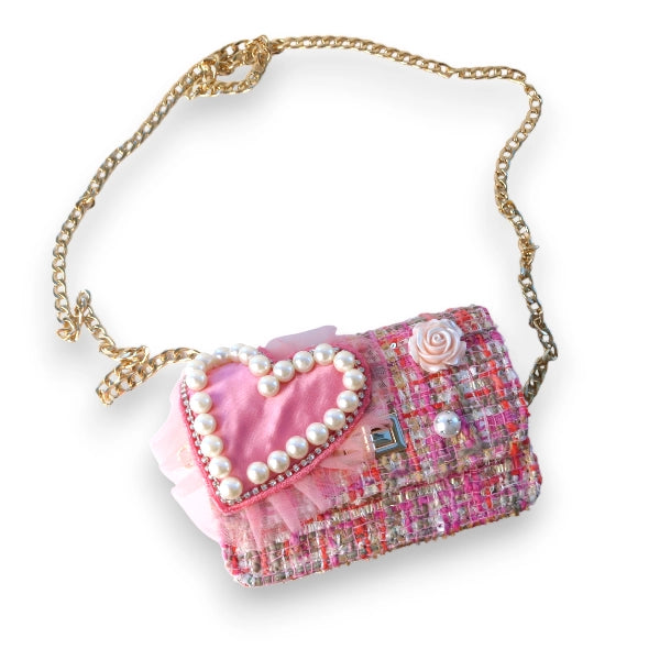 Pink Heart Tweed Purse with Gold Chain Strap