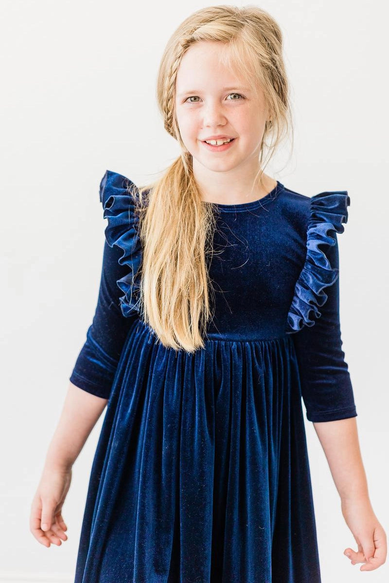 Navy Ruffle Velvet Twirl Dress