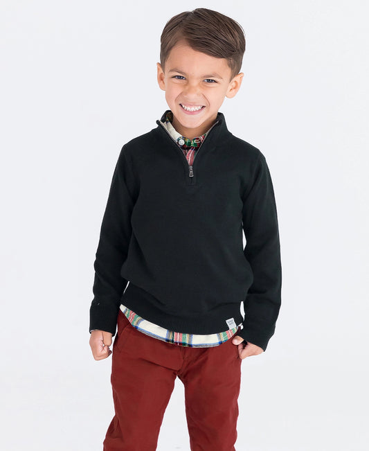 Your little guy will look so dapper and grown up in this adorable Black Quarter Zip Sweater. The quarter-zip adds a little extra character to this pullover mini-man cardigan.  Machine washable.   55% Cotton, 45% Acrylic. 