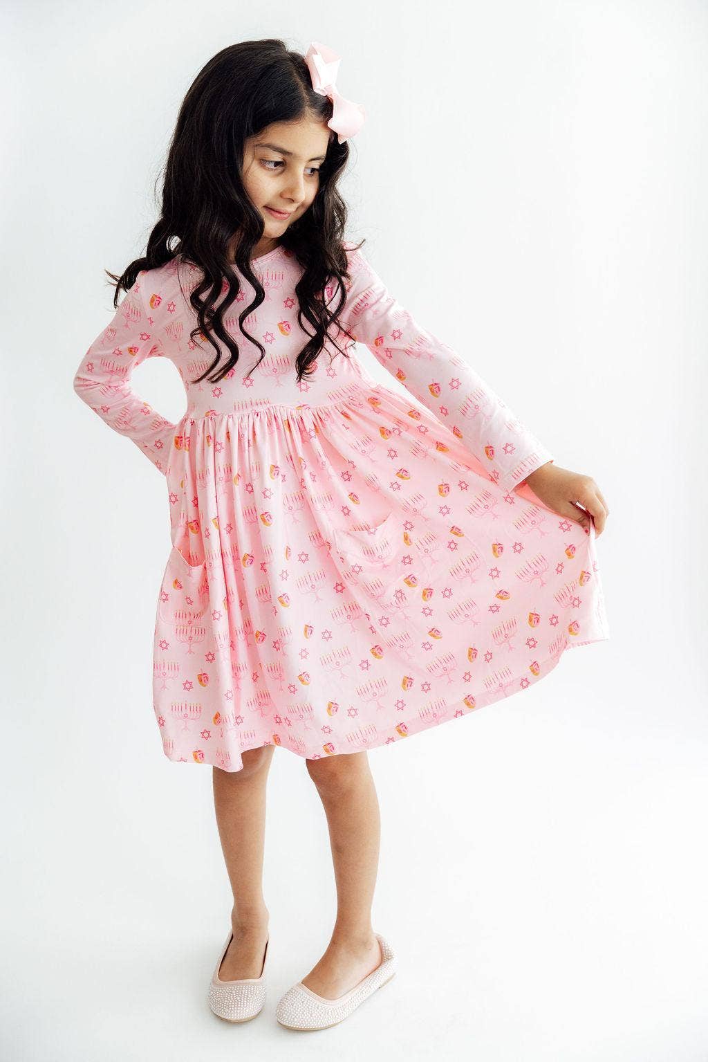 Pink Dreidel Darling L/S Pocket Twirl Dress