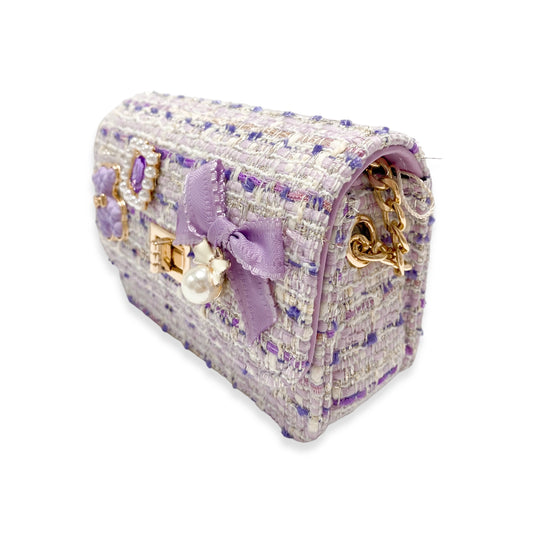 Lilac Teddy Charms Tweed Purse with Gold Chain Strap