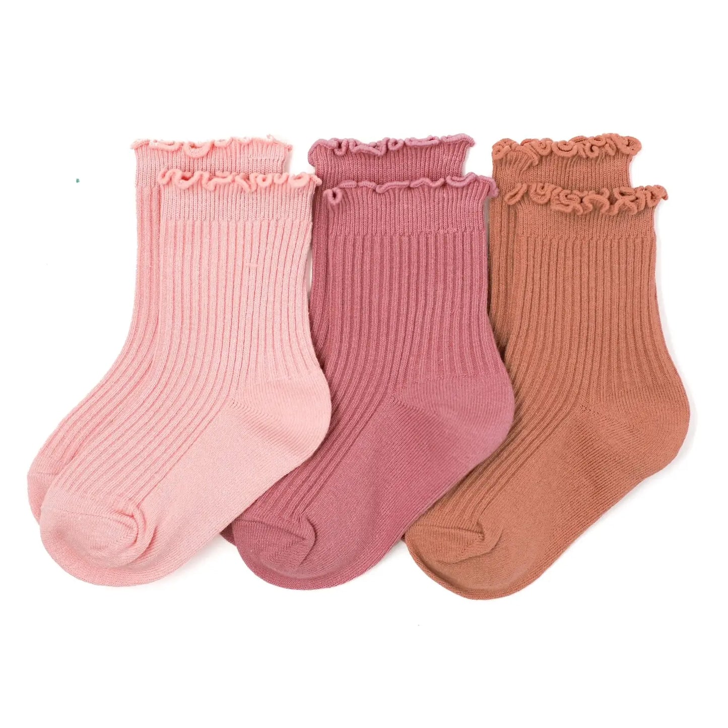 Sedona Lettuce Trim Midi 3-Pack includes 1 pair each of Antique pink, Marmalade, and Peach. Midi socks are made to hit in between the ankle and lower calf.   Machine wash cold with like colors.  tumble dry low or lay flat to dry.  79% cotton, 19% polyester, 2% spandex.  Women Owned.