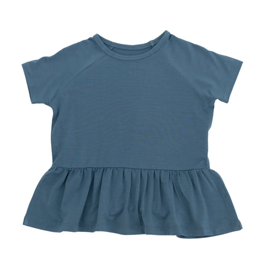 Our beloved Ruffle Bottom Shirt now comes in a short sleeve version! This signature bamboo fabric is good for the Earth and for your children.  Safe for sensitive skin. Tagless label for total comfort.  Machine washable and dryable!  95% Viscose from Bamboo 5% Spandex.