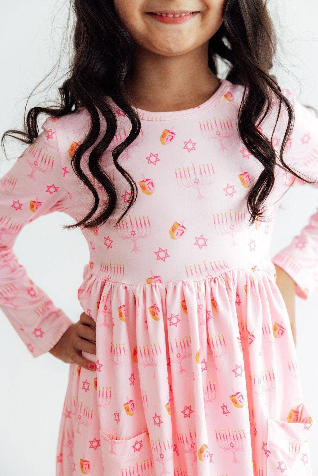 Pink Dreidel Darling L/S Pocket Twirl Dress