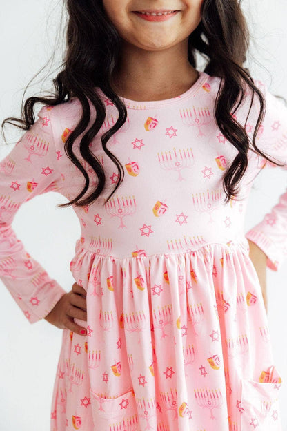 Pink Dreidel Darling L/S Pocket Twirl Dress