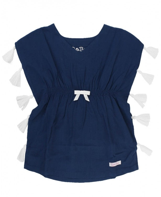 She'll be ready for all-day play in this sweet and chic Navy Tassel Kaftan Cover-Up. Comfortable and flowy for your little one to throw on between swims!  Machine washable. Tumble Dry Low.  100% Rayon. 