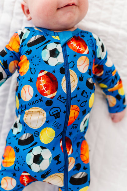 Blue Sports Bamboo Zipper Footie