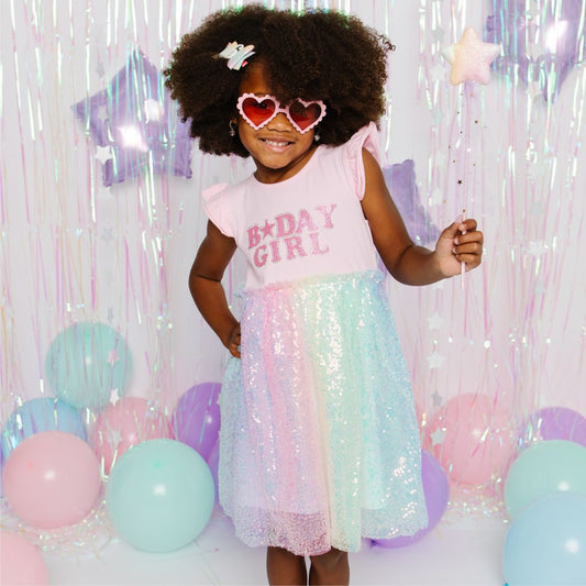 Birthday Girl Patch Rainbow Ombre Sequin S/S Tutu Dress