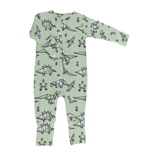 Origami Dino Bamboo Zipper Romper.  Safe for sensitive skin. Tagless label for total comfort.  Machine washable and dryable!  95% Viscose from Bamboo 5% Spandex.
