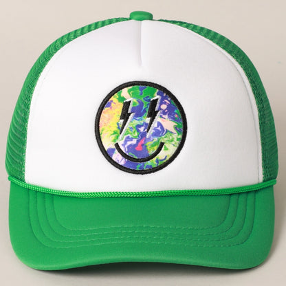 Green Tie Dye Lightening Bolt Smiley Hat