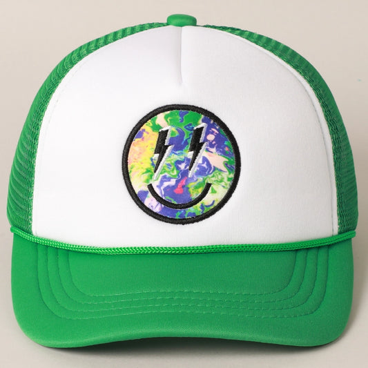 Green Tie Dye Lightening Bolt Smiley Hat