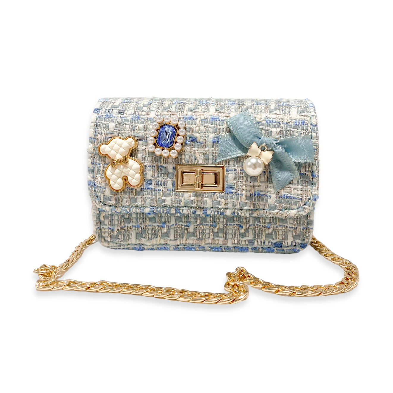 Blue Teddy Charms Tweed Purse with Gold Chain Strap