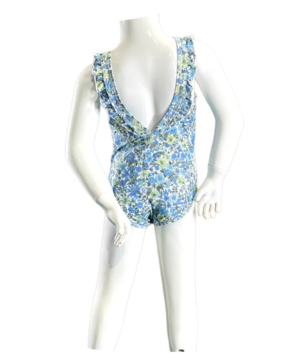 Blue Floral Ruffle Trim One Piece