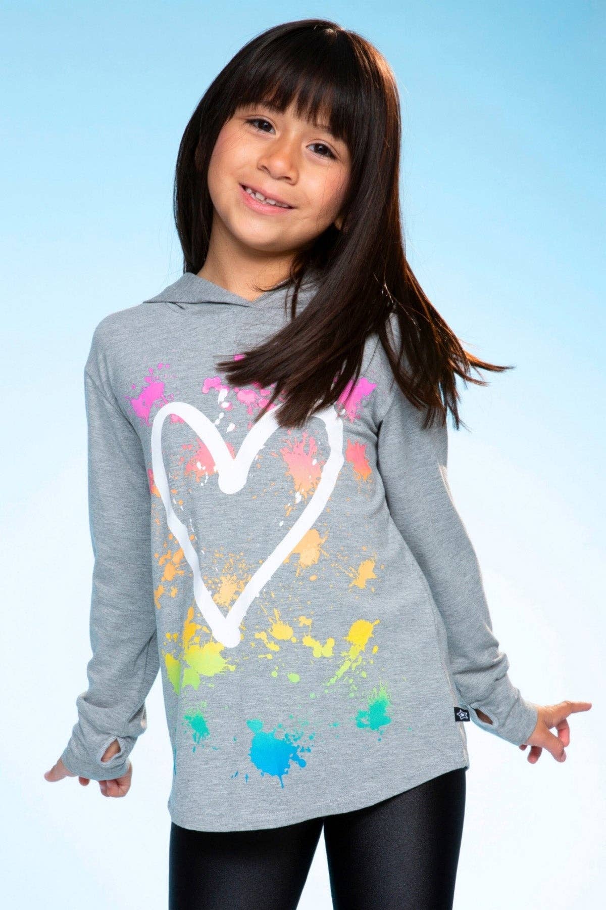Heather Grey Rainbow Heart Modal Knit Hoodie Pullover with Thumbholes